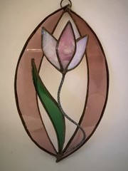 Vintage Stained Glass Tulip Flower Suncatcher Pink
