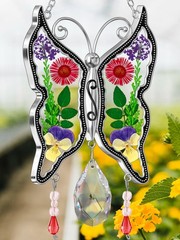 Butterfly Stained Glass Suncatcher with Real Flower Wings for Home Decor