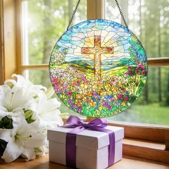 “Stained Glass Cross Suncatcher Christian Window Decor & Garden Art 8 inch”