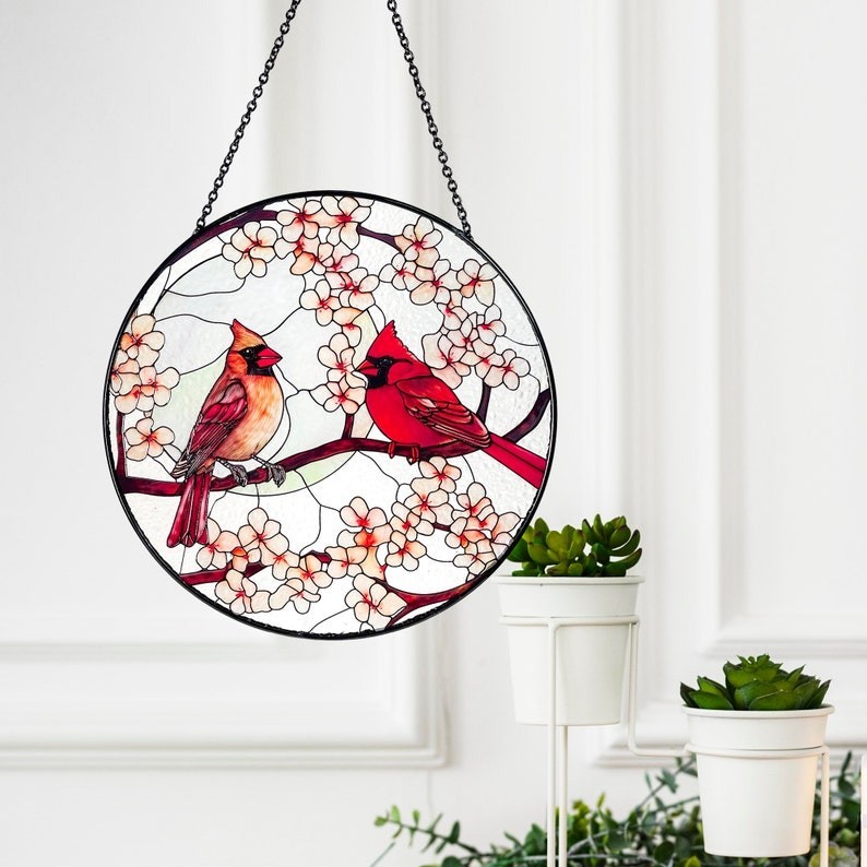 Cardinal Lovebirds Stained Glass Suncatcher: Moonlight Window Hanging