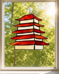 VTG Sun Catcher Asian Pagoda Red And White Leaded Glass Artsy Collectible