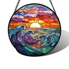 Stained Glass Suncatcher Clouds & Sea Waves Panel for Home Decor 9.8 in