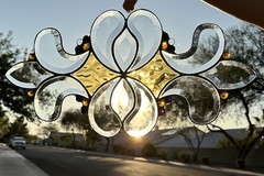 Arts & Crafts Stained Glass Suncatcher Amber Slag Glass 19”