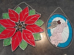 Christmas Poinsetta & Angel Stained Glass Window/wall Suncatcher Decor Unsigned