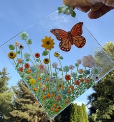 Fused Glass Handmade Diamond Shaped Multicolored Sun Catcher Signed By Artist