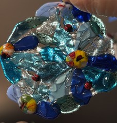 Fused Glass Handmade Round Multicolor Flower Sun Catcher Signed By Artist