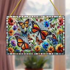 Delicate Colourful Bird Pattern Painted Window Hanging Rectangle Acrylic