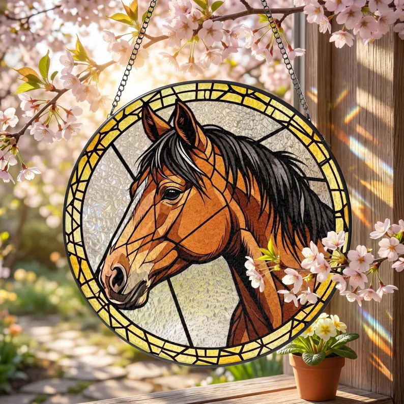 Custom Horse Portrait Stained Glass Suncatcher Pet Art