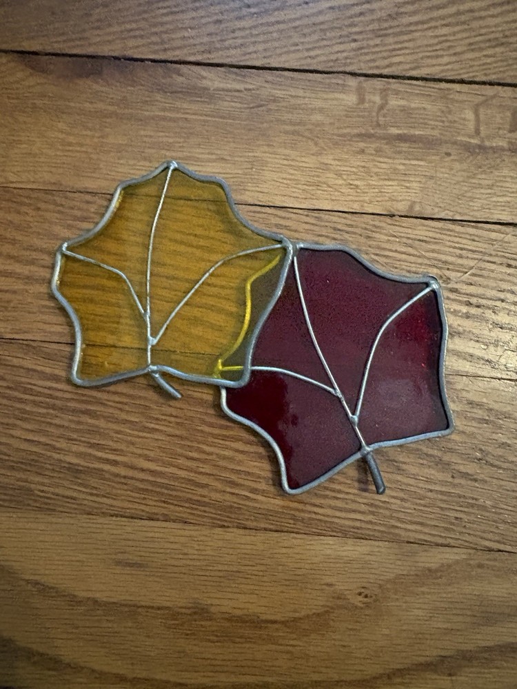 Vintage Stained Glass Suncatcher 2 Leaves Window Hanging