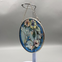 AMIA Hummingbird Flowers Glass Suncatcher Blue Round 4.5″ Window Hanging Decor