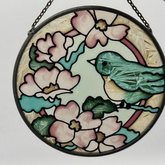 Vintage Round Stained Glass Bird Dogwood Flower Suncatcher Leaded Window Panel