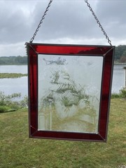 Etched Glass Gild Hugging Santa Suncatcher, Wall Hanging Art 12.5” X 10.5” @72