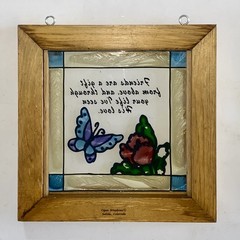 Vintage Friendship Butterfly Faux Stained Glass Wood Framed Suncatcher 8.5×9.5″
