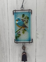 Bluebird Stained Glass Suncatcher Bird on Branch Hand Painted Metal Frame Decor