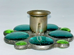 Vintage Fused Glass Handmade Green Aqua Round Marble Candle Stick Holders