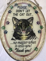 Amia Glass Suncatcher Hand Painted Rippled Etched Hanger Don’t Let the Cat Out