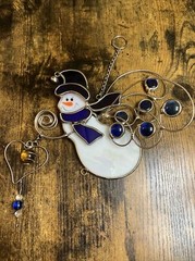 Vintage Snowman Hanging Sun Catcher Stained Glass Metal *MISSING WIND CHIMES