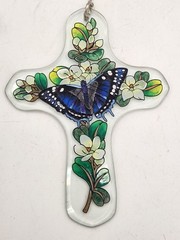 Painted Glass Cross Window Hanging Suncatcher Butterfly With Flowers 6″