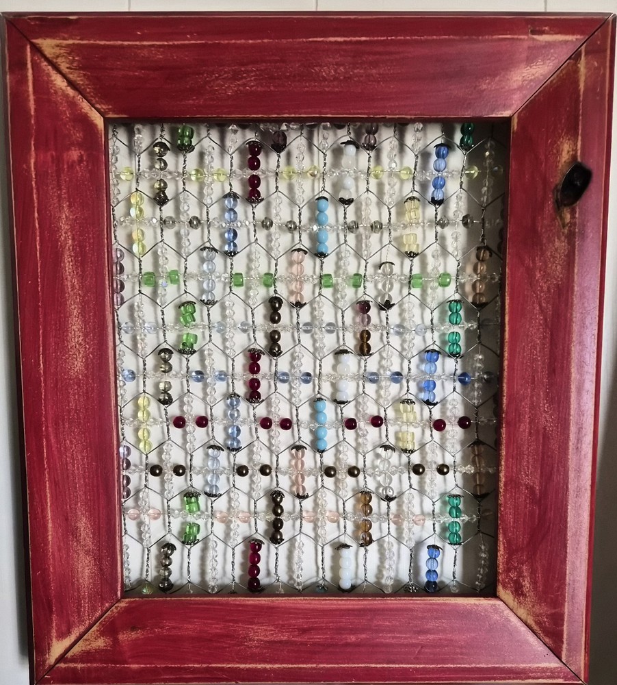 Framed Beaded Glass Suncatcher Wall Hanging Decor, Red Wood Frame