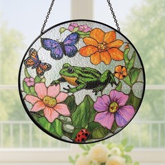 Frog and Flowers Stained Glass Suncatcher, Colorful Butterfly Window Hanging, Na
