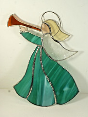 SG36 – Handcrafted Stained Glass Suncatcher, Angel With Horn, 8.5 X 6.25 in