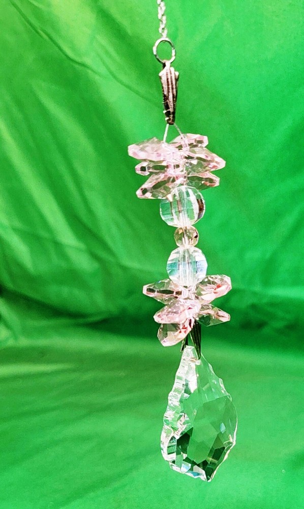 Silver Pink Clear Crystal Beads Beaded Fancy Prism Suncatcher Window Sun Hanging