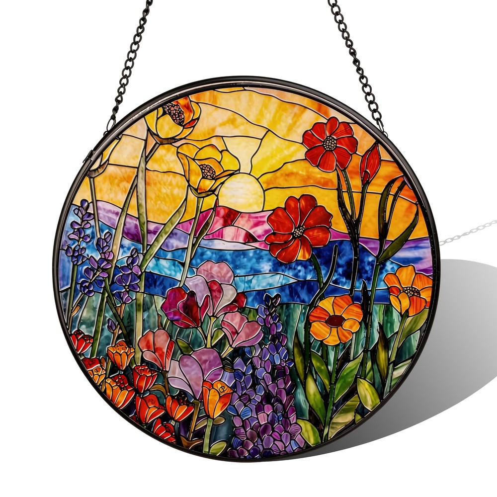 Stained Glass Sun Catcher for Plant Lovers 7.9 Inch Wildflowers Decor