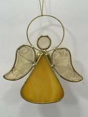 Angel Stained Glass Suncatcher Ornament Gold Tone Holding Ankh/Candle 5”