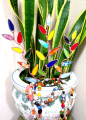 Stained Glass Garden Stakes Flower Stems (x3 Mulitcolor Leaves) Suncatchers