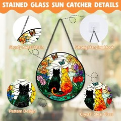 “Stained Glass Cat Sun Catcher with Wildflowers and Butterflies – 7.8 in Decor”