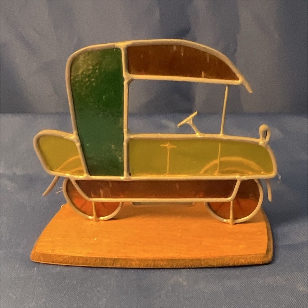 Stained Glass Vintage Car Suncatcher Figurine on Wood Base, Green/Brown/Yellow