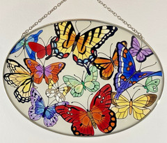 Butterflies Stained (Painted) Glass Oval SunCatcher 9″