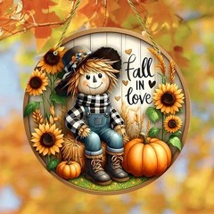Acrylic Autumn Scarecrow Round Hanging Sign Farmhouse Sunflower Pumpkin Decor