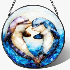Dolphin Sun Catcher – 8 Inch Stained Glass Window Decor & Gifts for Couples