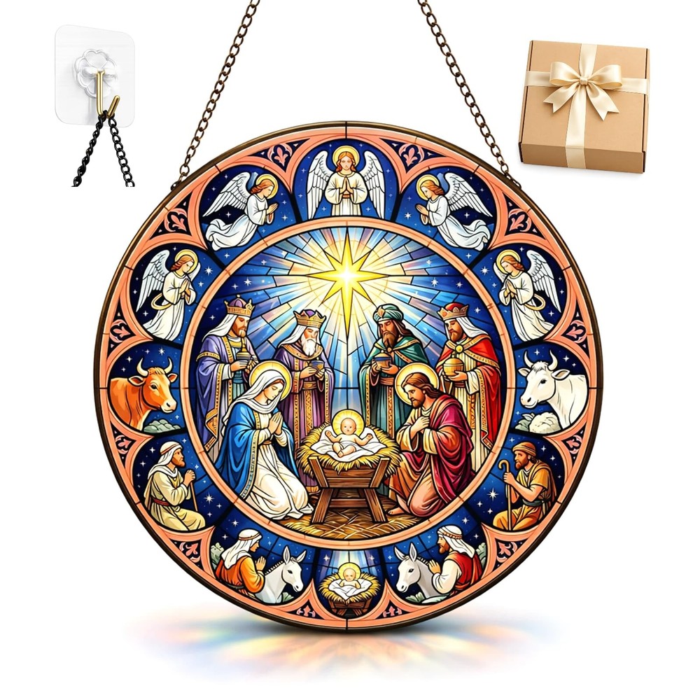 Stained Glass Nativity Suncatcher – Faith Window Decor for Home and Office