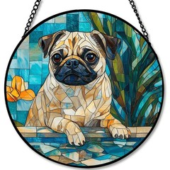 Pug Pool Sun Catcher – 7.8in Stained Glass Window Panel Decor for Home