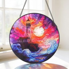 Stained Glass Suncatcher DoubleSided Lighthouse & Waves Decor, 7.8″ Square