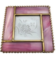 Stained Glass Suncatcher Etched Flower Pink Stain Square Gold Chain Stand