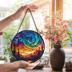 Aurora Borealis Stained Glass Suncatcher Nature Wall Art Decor 7.9×7.9 Inch