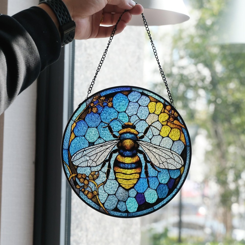 Bee Stained Glass Window Hanging – Insect Sun Catcher Panel Decor, Gift Idea