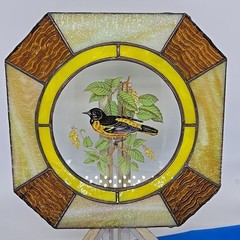 Tan Stained Glass Sun Catcher with Baltimore Oriole 9.75″