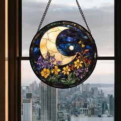 JOSUMALY Stained Glass Window Hanging – Blue Night Sky Moon Suncatcher for Do…
