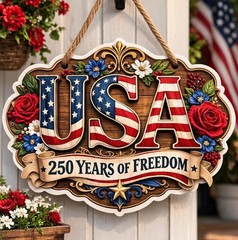 America 250th Anniversary Printed Wall Sign with Rope Patriotic Decor Home
