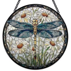Dragonfly Suncatcher Stained Glass Window Hanging, Dragonfly Flower Sun Catch…