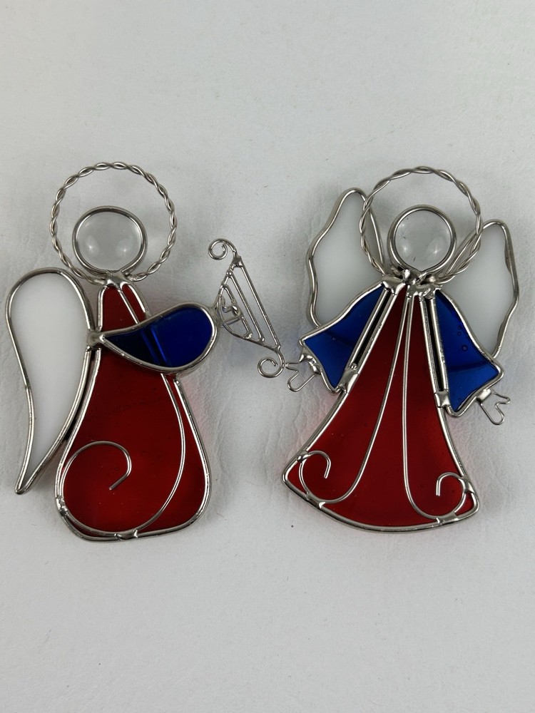 Stained Glass Angel Ornament Sun Catcher Vintage Christmas Red White Blue Harp