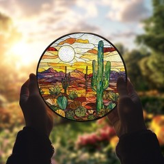 Desert Sunset Suncatcher, Stained Glass Cactus Scene, Southwest Window Decor Art
