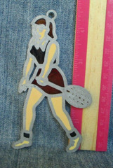 Vintage Suncatcher WOMAN PLAYING TENNIS Ornament Stained Glass Acrylic Metal SA5