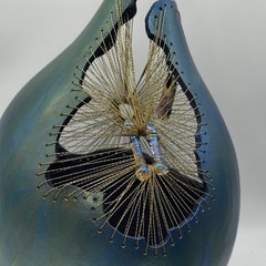 Dreamcatcher Suncatcher Teal Gourd Art Hand Made Iridescent Painted 11” Tall