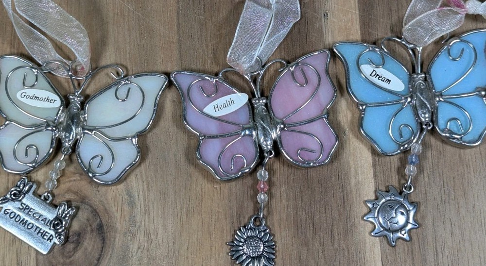 GANZ Stained Glass Butterfly Sun Catcher Ornament Iridescent Blue Purple