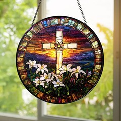 Christian Cross Lilies Stained Glass Suncatcher Religious Easter Faith Window